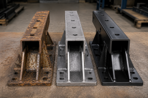 Metal component being prepared before powder coating at Advanced Metal Finishers