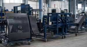 Freshly powder-coated machinery guards and frames during a summer factory shutdown in Essex
