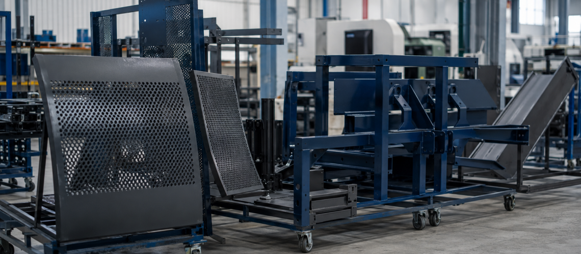 Freshly powder-coated machinery guards and frames during a summer factory shutdown in Essex