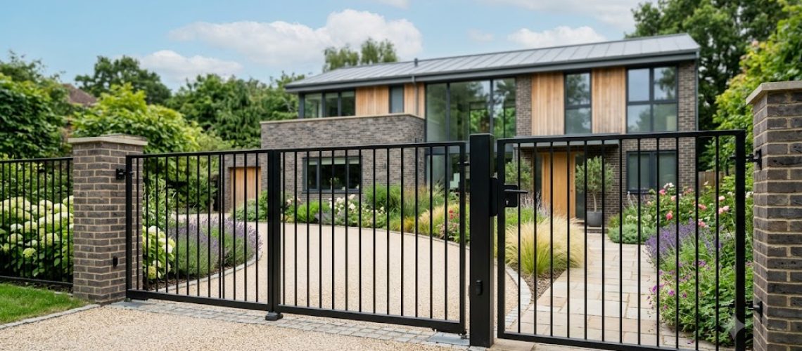 Professionally powder-coated metal gates and railings outside a modern home during summer