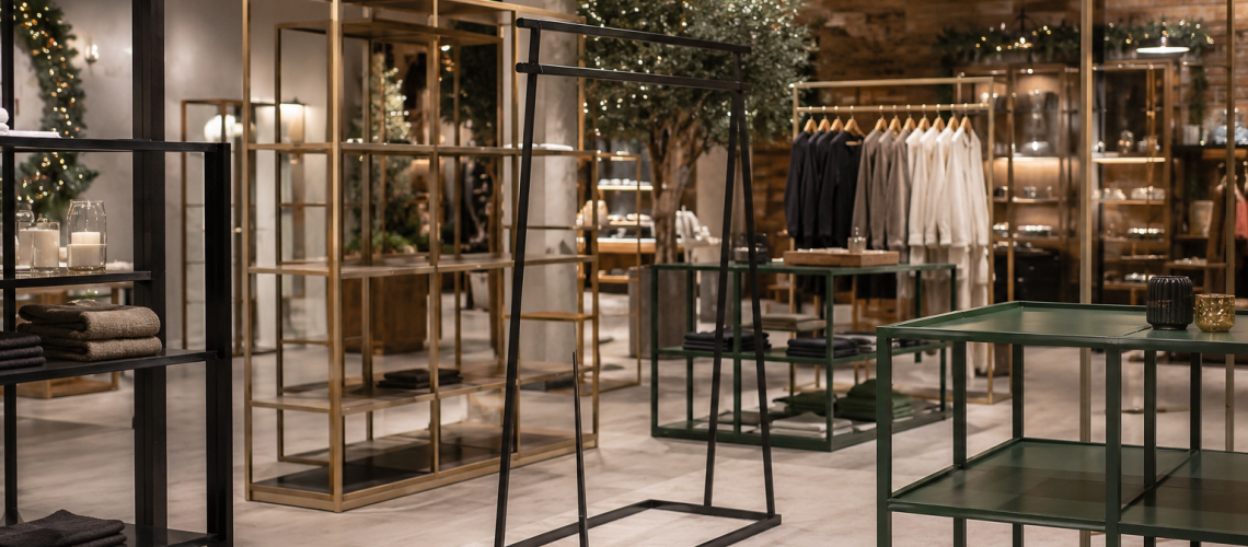 Freshly powder-coated retail display stands prepared for Christmas trading