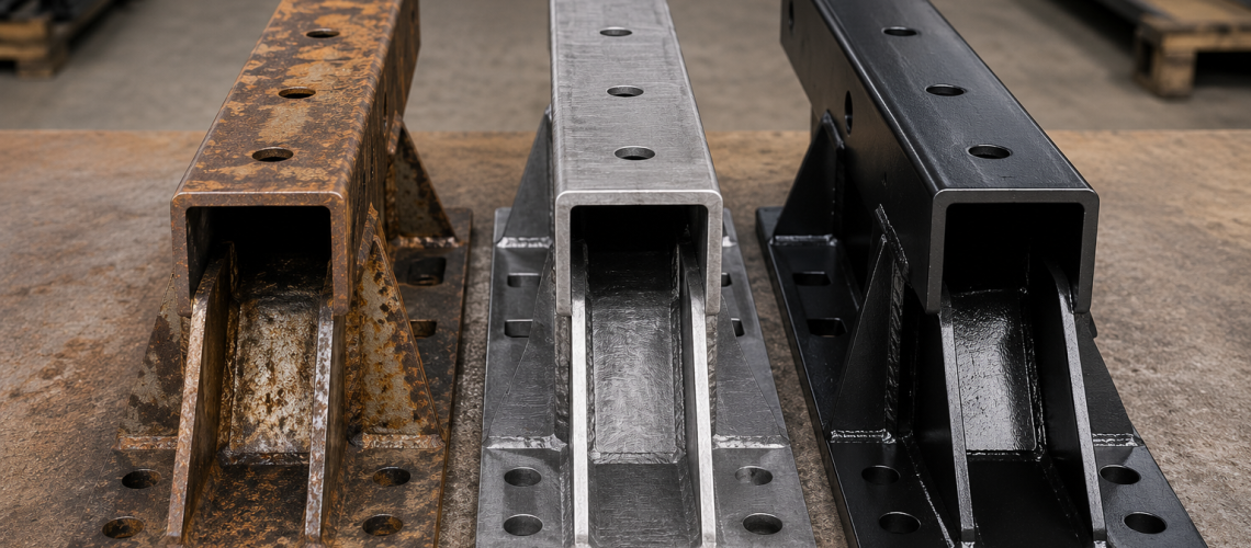 Metal component being prepared before powder coating at Advanced Metal Finishers